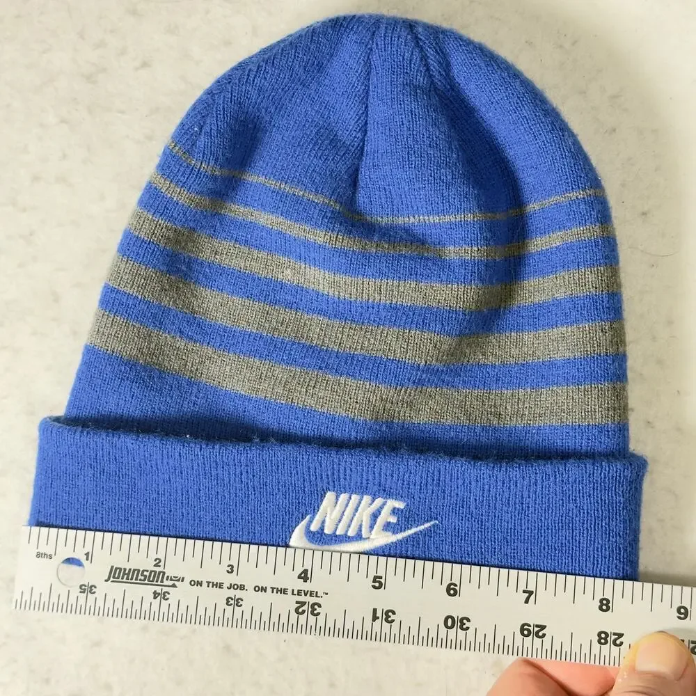 Nike Beanie Ski Hat Youth Blue Grey Stripe w/ Swoosh Logo Knit Cap Winter Cold